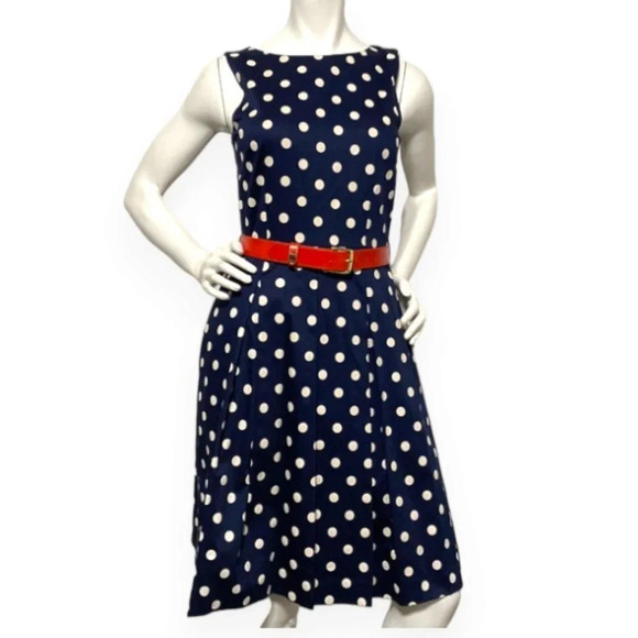 Tahari Navy White Polka Dot Red Belted Fit & Flare Dress Size 2 - Picture 1 of 7